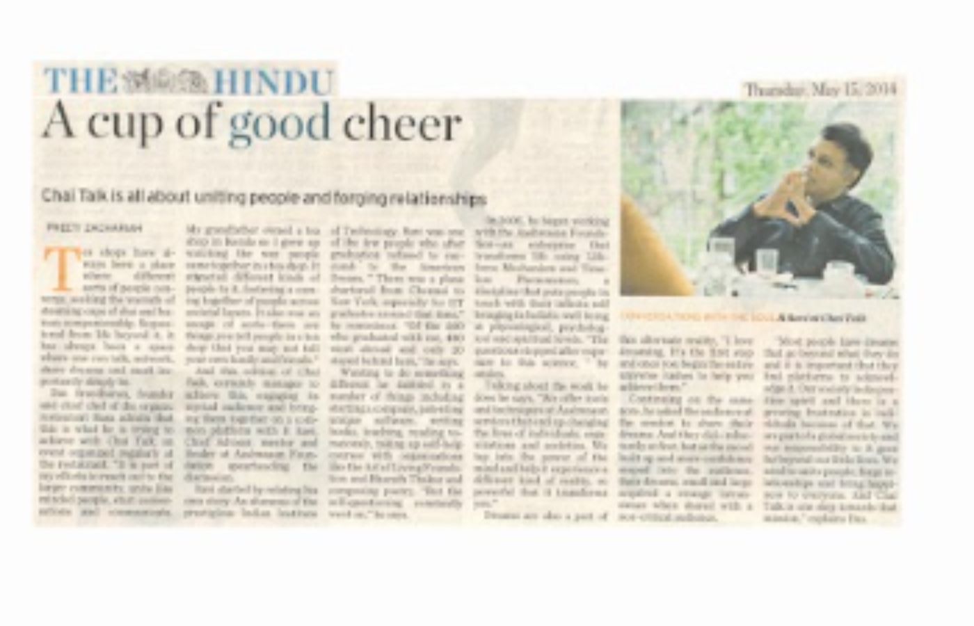A Cup of good Cheer in The Hindu on 15th May 2014