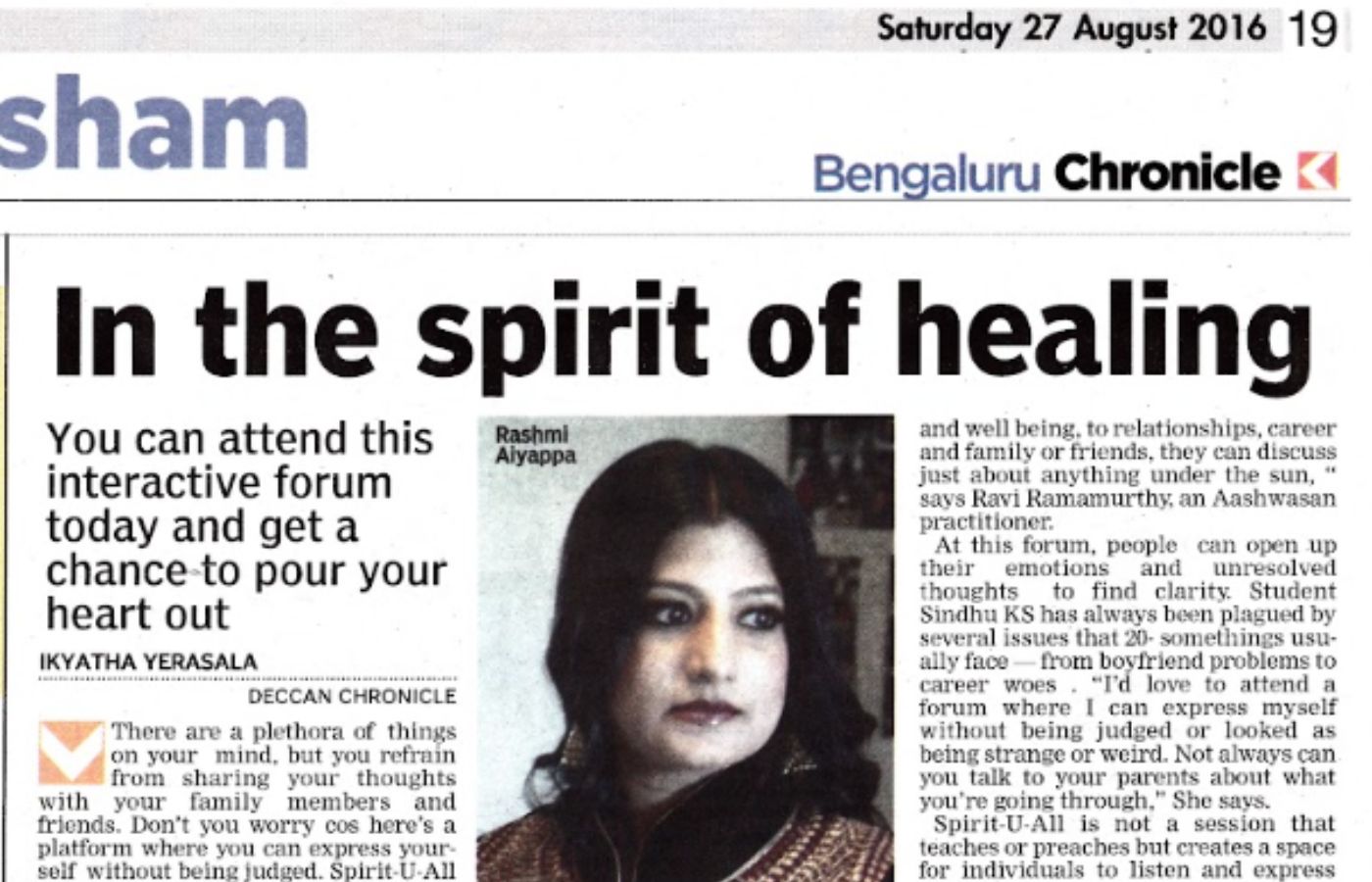 In the Spirit of Healing, Deccan Chronicle on 27th Aug 2016