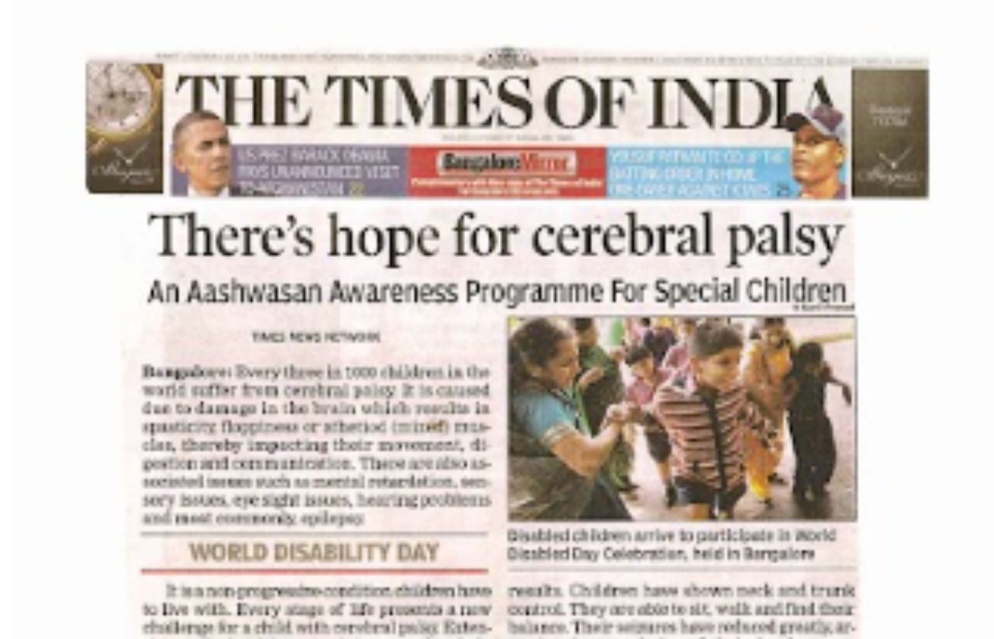 There's Hope for Cerebral Palsy in The Times of India on 4th Dec 2010